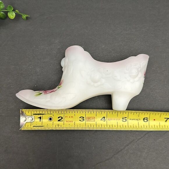 Fenton White Satin Milk Glass Hand Painted Slipper Shoe Roses Signed by Artist - Picture 12 of 12